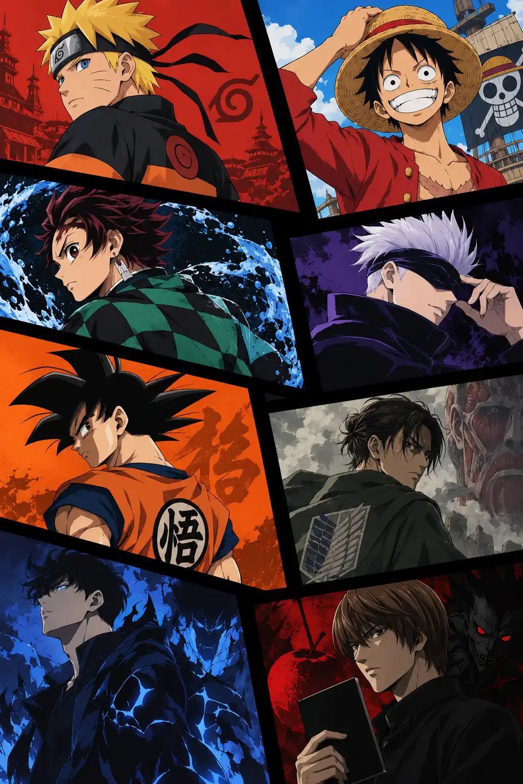 Anime T-shirts and hoodies collage with Naruto, One Piece, Demon Slayer, Jujutsu Kaisen, Dragon Ball Z, Attack on Titan, Solo Leveling and Death Note artwork