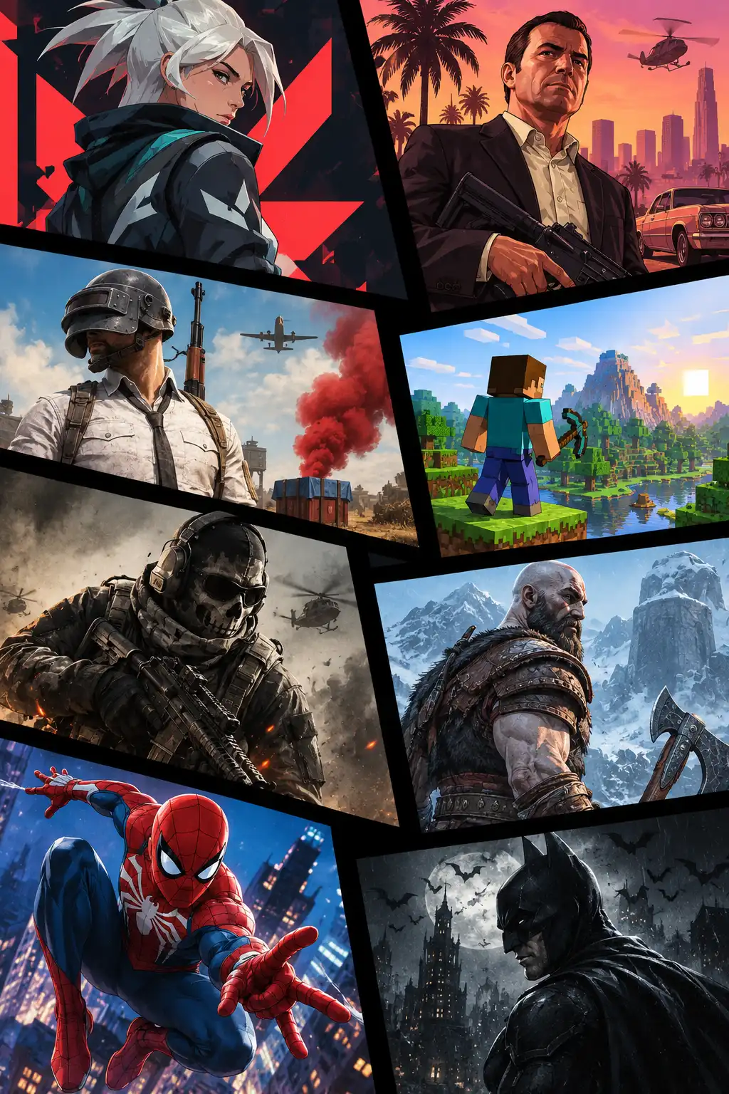Gaming T-shirts and hoodies collage with Valorant, GTA, BGMI, Minecraft, Call of Duty, God of War, Spider-Man and Batman artwork